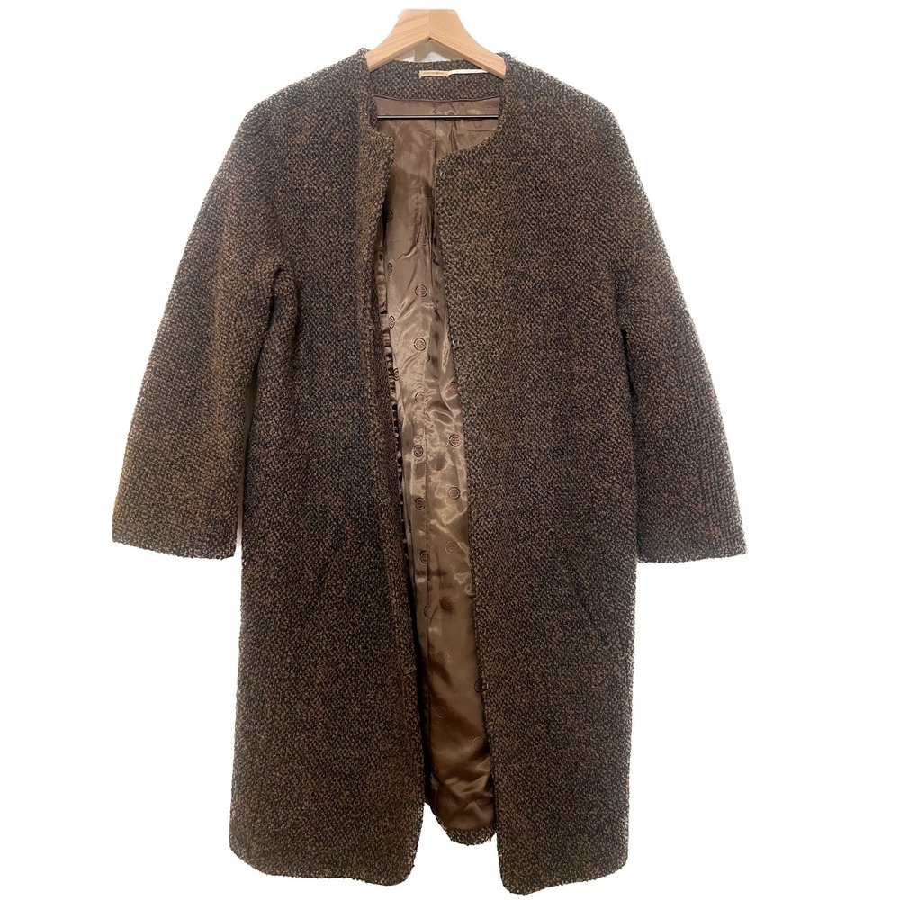 Max Studio Brown Boucle Knit Collarless Long Coat Snap Front Jacket Large